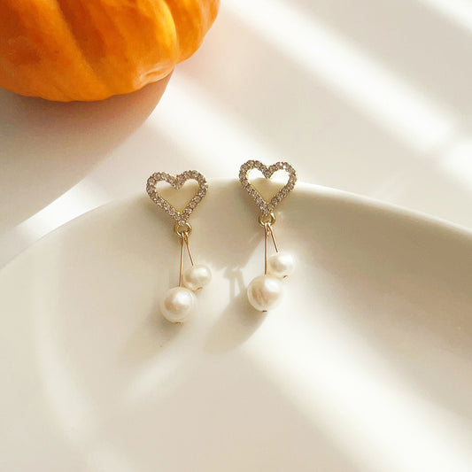 Freshwater Pearls Heart Dangle CZ Earrings