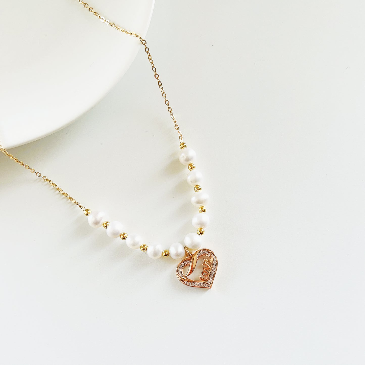 14K Gold Freshwater Pearl Necklace with Heart Pendant Adjustable Length